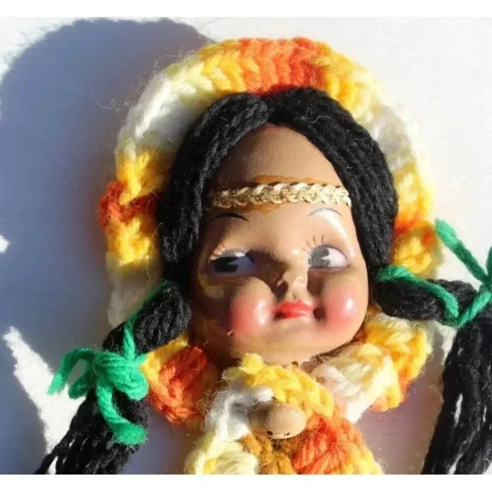 Vintage Plastic Native American Indian Girl Doll Croche Pot Crochet